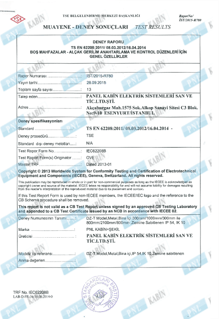 TSE IEC 60529 IP54 Test Report - Freestanding Panels