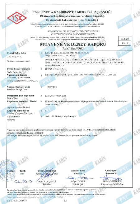 TSE IEC 60529 IP54 Test Report - For Wall Mounted Panels