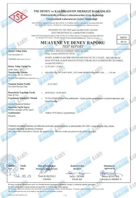 TSE IEC 60529 IP54 Test Report - Freestanding Panels