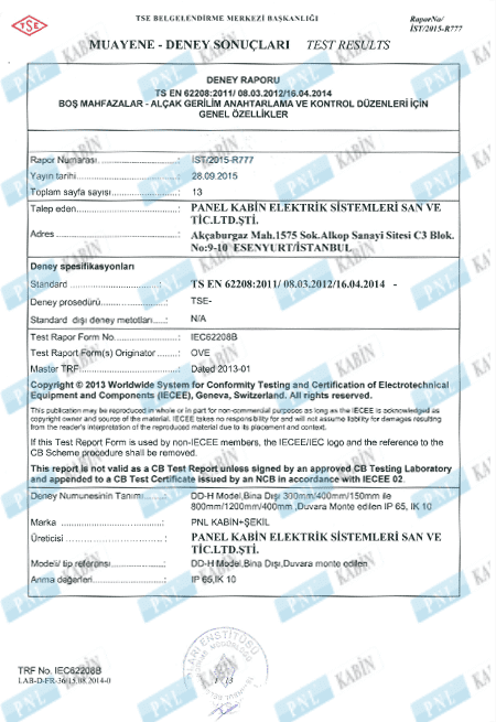 TSE IEC 60529 IP65 Test Report - Wall Mounted Panels